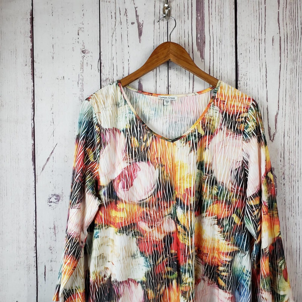 Lemon Grass Vintage Crinkle Flowy Blouse Womens Size XL 3/4 Sleeve Multicolor